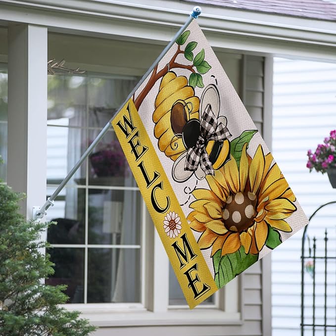 Welcome Spring Summer Bumble Bee Sunflower Decorative House Flag, Honeycomb Flower Garden Yard Outside Decorations, Buffalo Plaid Bow Farmhouse Outdoor Large Home Decor Double Sided 28 x 40