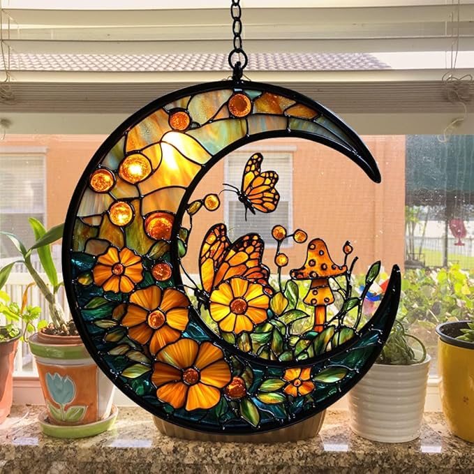 Floral Cresent Moon Acrylic Suncatcher Stained Glass Effect Window Car Hanging Christmas Ornament Indoor Outdoor Decor Garden Sun Catcher Panel for Boho Lover for Women Mom Grandma
