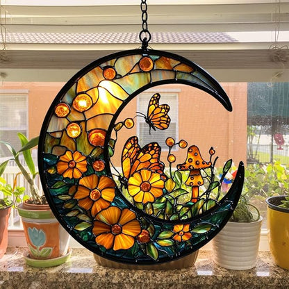 Floral Cresent Moon Acrylic Suncatcher Stained Glass Effect Window Car Hanging Christmas Ornament Indoor Outdoor Decor Garden Sun Catcher Panel for Boho Lover for Women Mom Grandma