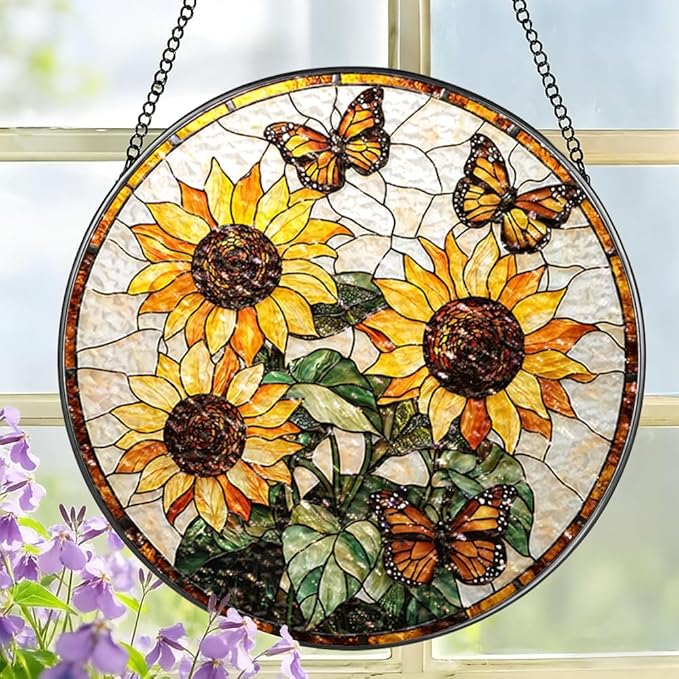 Stained Glass Suncatcher Window Hanging, 7.8 Inch Handmade Sunflower Garden suncatchers, Suncatcher Home Decor,Gift for Women, Mom, Grandma (Sunflower)
