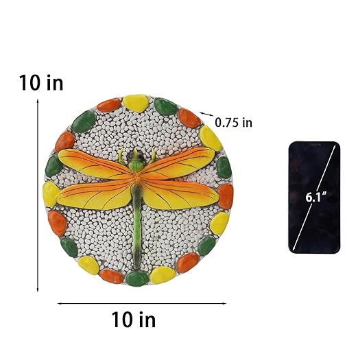 Decorative Garden Stepping Stone Dragonfly - Round Outdoor Pathway Stone with Yellow and Green Design, White Pebble Background 10x10 Inches
