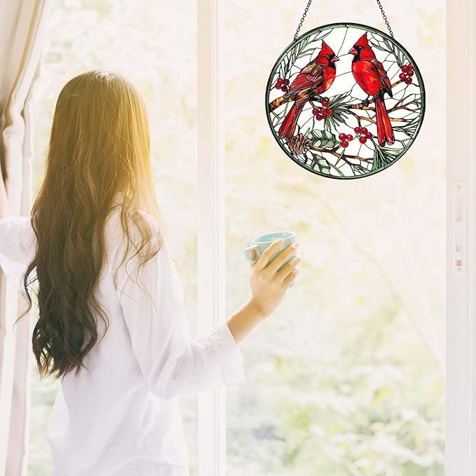 Cardinal Sun Catcher Stained Glass Window Hanging Cardinal Decor Lovers Gifts for Women Handmade Sun Catcher Decoration for Garden Home Housewarming Gifts