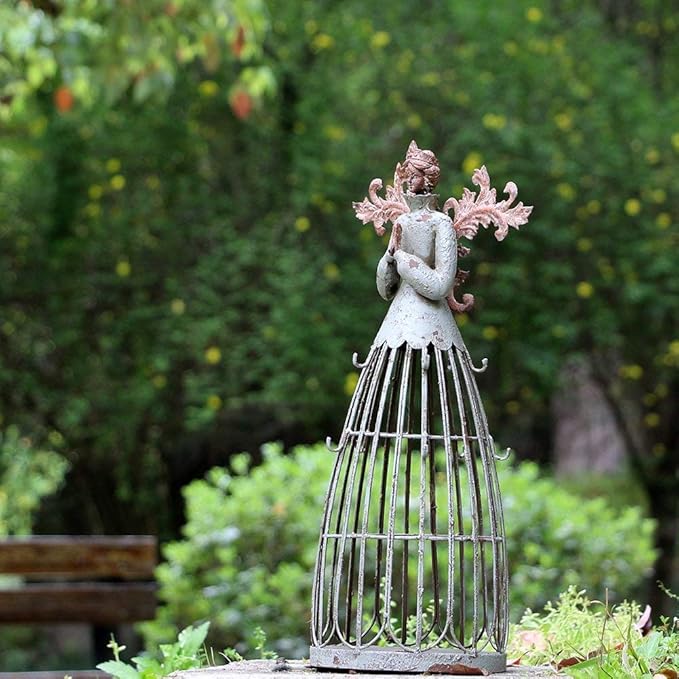 Angel Garden Statue Outdoor Antiqued Metal Yard Art Decor Lawn Patio Decorations Garden Trellis for Climbing Plants Potted Vines Ivy Roses Gift Idea, 18’’H (Pray-C)