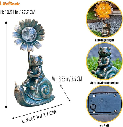 Solar Powered Frog on Snail Sculpture with Iron Flower & Glass Ball, Outdoor Garden Accent