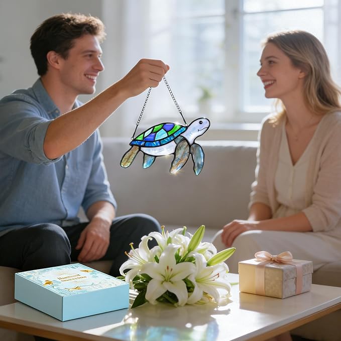 Sea Turtle Suncatcher Decor,Handmade Stained Glass Window Hanging Ornament,Spring Summer Home Decor for Indoor Outdoor,Mother's Day Housewarming Gifts for Turtle Lovers