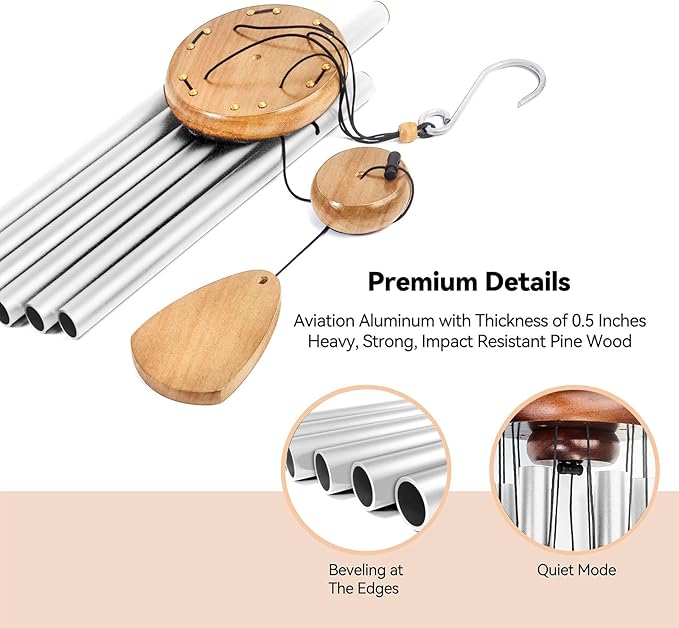 Wind Chimes for Outside with Wood Wind Catcher, 37 Inches Large Aluminum Windchimes Outdoors for Patio Decoration & Zen Atmosphere, Best Gifts for Mom(White)