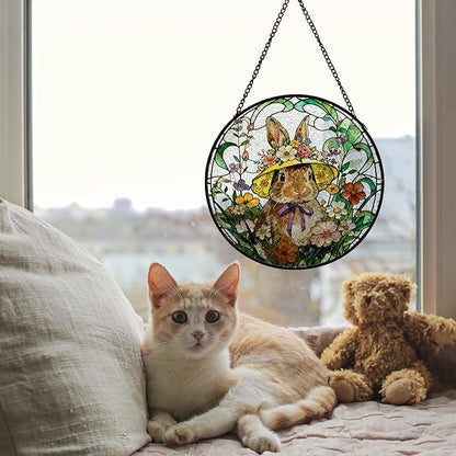 Spring Flower Easter Bunny Stained Glass Window Hanging, Rustic Wildflower Hat Rabbit Suncatcher Indoor Window Glass Round Wall Art Decor, 7.9x7.9 Inch
