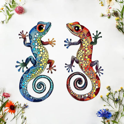 2Pcs Gecko Metal Sign Wall Art Indoor Outdoor Decor,Set of 2 Geckos Ornament Silhouette Bedroom Hanging Gifts for Birthday Housewarming,Lizard Decorate for Balcony Fence Garden Yard Patio Farmhouse