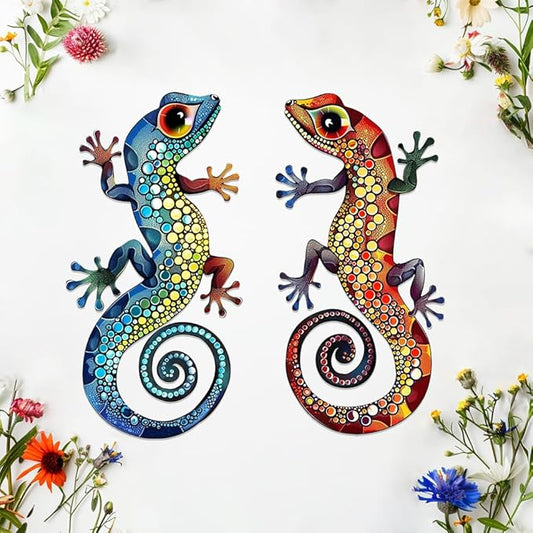 2Pcs Gecko Metal Sign Wall Art Indoor Outdoor Decor,Set of 2 Geckos Ornament Silhouette Bedroom Hanging Gifts for Birthday Housewarming,Lizard Decorate for Balcony Fence Garden Yard Patio Farmhouse