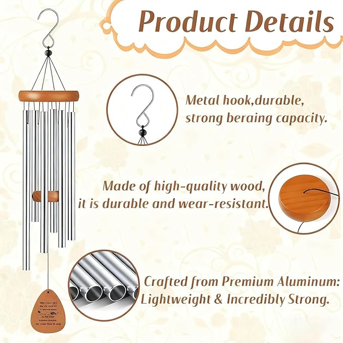 Wind Chimes for Outside, Soothing Melodic Memorial Sympathy Wind Chimes, Create a Zen Atmosphere Suitable Outdoor Garden Decor, Gift for Mom Neighbors Unisex(Silver)