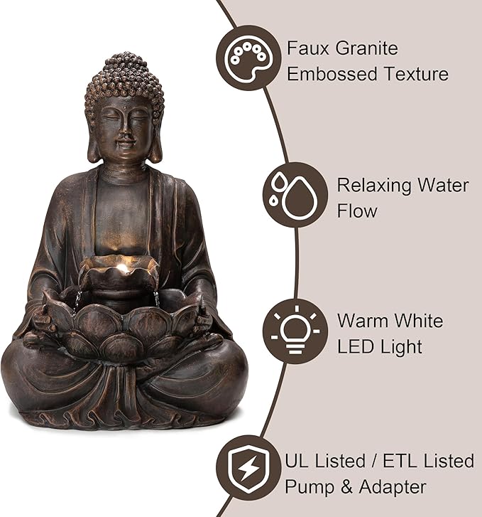 Glitzhome Buddha Statue 28" H, Outdoor Buddha Large Statue Zen Style Buddha Fountian with LED Light & Pump Polyresin Outdoor Floor Freestanding Fountain Garden Buddha Sculptures & Statues Lawn Décor