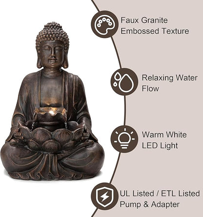 Glitzhome Buddha Statue 28" H, Outdoor Buddha Large Statue Zen Style Buddha Fountian with LED Light & Pump Polyresin Outdoor Floor Freestanding Fountain Garden Buddha Sculptures & Statues Lawn Décor