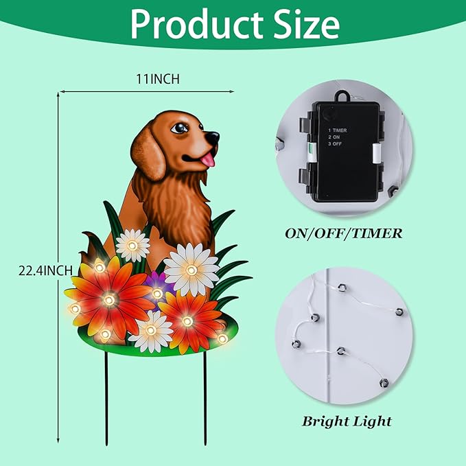 WONDER GARDEN Decorative Garden Stakes - Lighted Dog and Flower Yard Sign Stakes Spring Signs for Outdoor, Porch, Yard,Flower Bed Decor