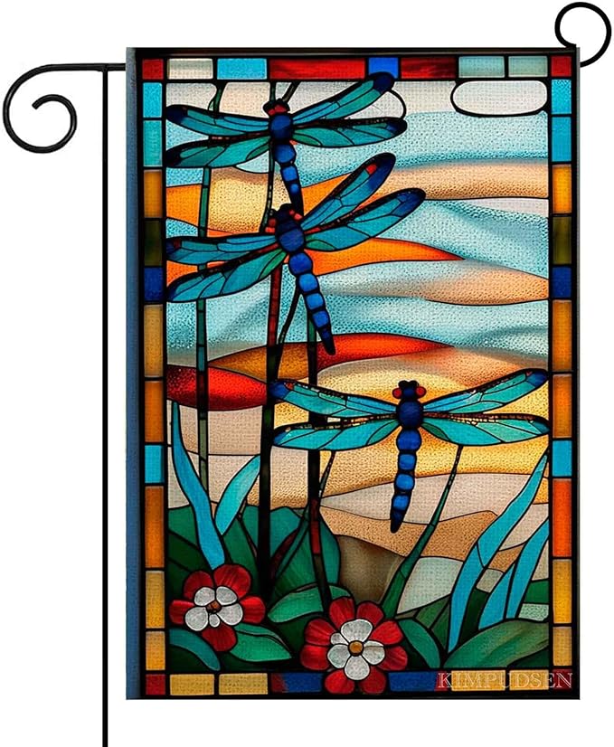 Dragonfly Stained Glass Garden Flag -12x18 Inch Double Sided Decorative Yard Flag for Outdoor Spring and Summer Decor