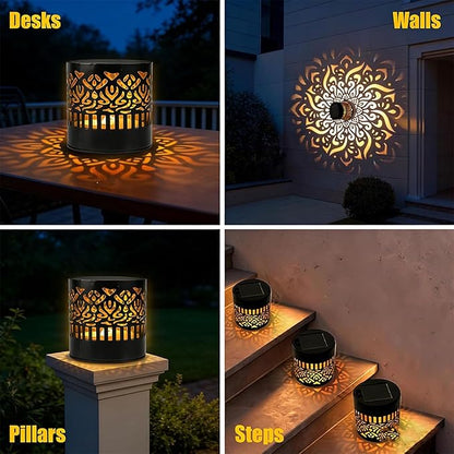 Decorative Solar Mandala Lights, Metal Solar Powered Waterproof Wall & Fence Lights for Garden, Patio, Backyard, Step & Post Decor with Mandala Design (4pcs,Warm Light)