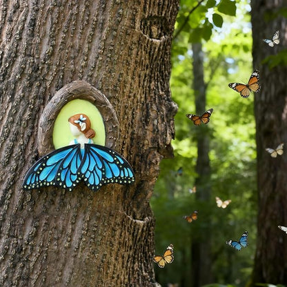 Fairy Out The Window Tree Hugger Garden Statue, Glow in The Dark Resin Fairy Figurine Wall Art Sculpture Outdoor Tree Faces Decor for Patio Lawn Yard Ornaments (Blue)