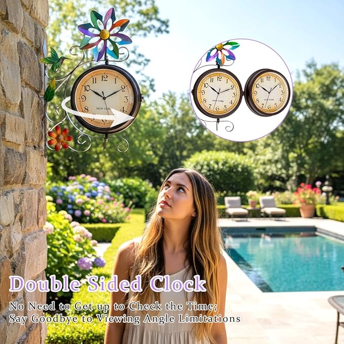 Vintage Indoor Outdoor Clock - Silent Non-Ticking, Double Sided Wall Clock with Windmill Decor Waterproof for Garden, Patio, Yard, Farmhouse, Home Décor (Colorful)