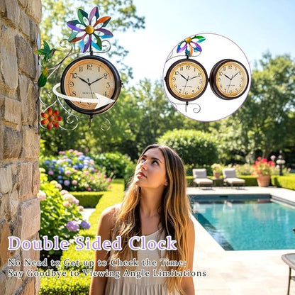 Vintage Indoor Outdoor Clock - Silent Non-Ticking, Double Sided Wall Clock with Windmill Decor Waterproof for Garden, Patio, Yard, Farmhouse, Home Décor (Colorful)