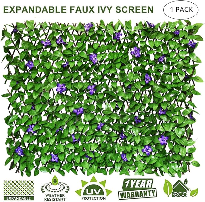 Expandable Fence Privacy Screen for Balcony Patio Outdoor,Decorative Faux Ivy Fencing Panel,Artificial Hedges (1, Purple Flower)