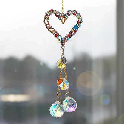 Heart-Shaped Colorful Crystal Rhinestones Suncatcher Window Hang Pendant, Rainbow Crystal Drops Ball Prisms Imitation Jewellery Ornament Gift