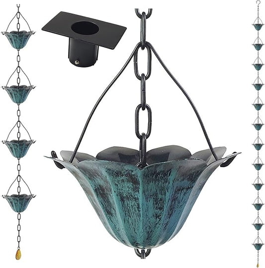 8.5FT Lotus Antique Blue Color Iron Rain Chains for Gutter and Rain Barrel, Rust-Resistant Plated Garden Décor Rain Chain for Downspout, Bonus Rain Chain Gutter Adapter
