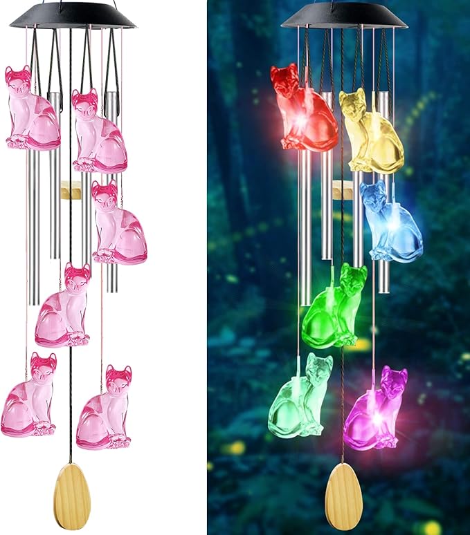Cat Solar Wind Chimes for Outside - AIONASA Color Changing LED Solar Hanging Lights Outdoor, Waterproof Windchimes Outdoors Hanging Gifts for Mom Grandma Women, Home Garden Patio Yard Porch Decoration