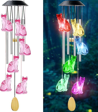 Cat Solar Wind Chimes for Outside - AIONASA Color Changing LED Solar Hanging Lights Outdoor, Waterproof Windchimes Outdoors Hanging Gifts for Mom Grandma Women, Home Garden Patio Yard Porch Decoration