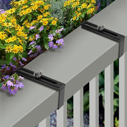 Adjustable Planter Box Bracket, Black, 1 Pair - Hanging, Metal Alloy Steel Iron, Compact, No Drill, Fits 5-8.3 Inch Width, Suitable for Railings, Windows, Balconies, Fences