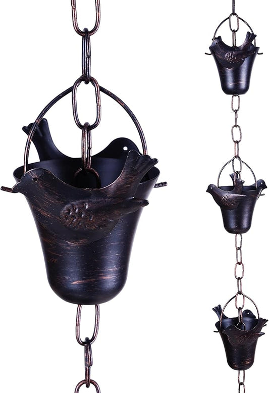 DUSVALLY Rain Chain, Metal Hummingbird Rain Chain, Functional and Decorative Replacement for Gutter Downspouts, Divert Water and Home Display, 12 Cups, Black,8.5FT