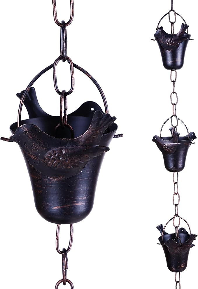 Topadorn 8.5ft Hummingbird & Bell Rain Chain for Gutters – 12 Cups Rain Collector, Adjustable Length, Functional Decorative Downspout Replacement for Outdoor Garden