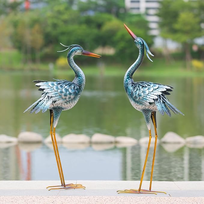 chisheen Large Garden Crane Statues Outdoor Sculptures, Metal Yard Art Heron Decor Standing for Indoor Outdoor Decor, Bird Statues for Patio Lawn Porch Decorations, Set of 2