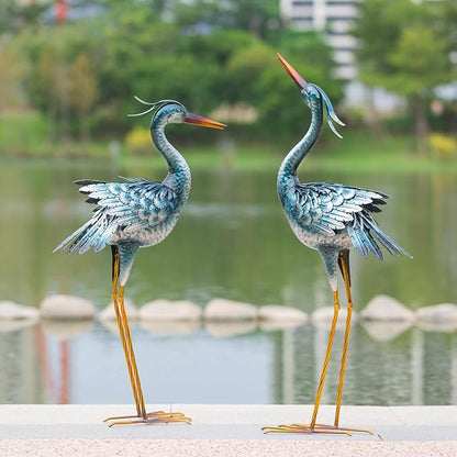 chisheen Large Garden Crane Statues Outdoor Sculptures, Metal Yard Art Heron Decor Standing for Indoor Outdoor Decor, Bird Statues for Patio Lawn Porch Decorations, Set of 2