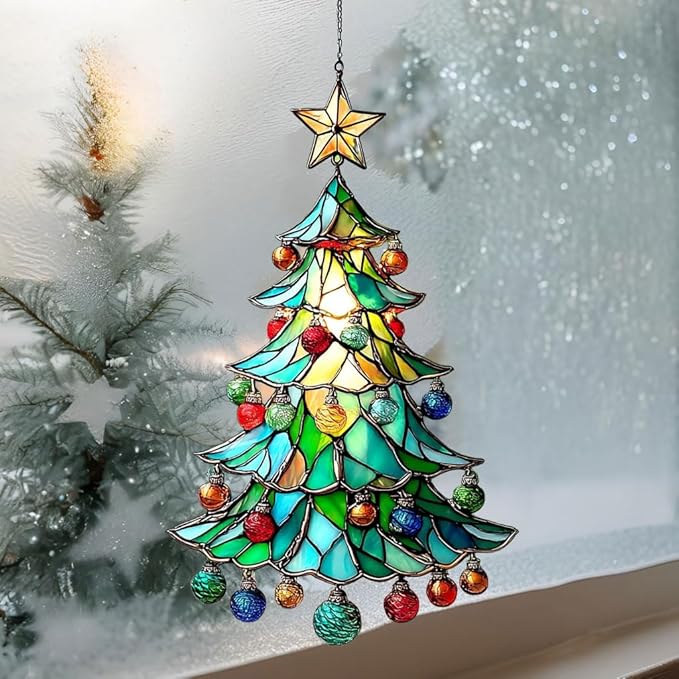 Mosaic Style Christmas Ornaments Tree Acrylic Suncatcher Stained Glass Effect Window Car Hanging Christmas Ornament Indoor Outdoor Decor Garden Sun Catcher Panel for Women Mom Grandma