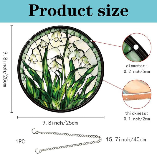 CREATCABIN Lily of The Valley Suncatcher Round Sun Catchers Stained Acrylic Flower Floral Window Wall Art Hanging Decoration with Metal Ball Chain for Living Room Bedroom Home Garden Ornament 9.8 Inch