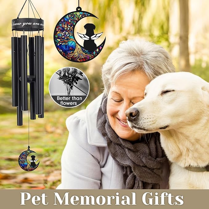 35" Pet Memorial Wind Chime, Pet Sympathy Gift for Loss of Dog, Dog Memorial Wind Chime with Stained Moon, Hand Tuned Aluminum Wind Chimes for Outdoor Garden Porch Remembrance Decor, Black