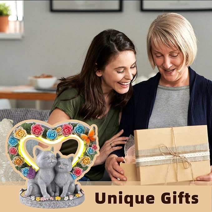 Gifts for People Who Love Cats, Cat Garden Decor with Heart-Shaped, Couple Cat Figurine for Valentines Day, Anniversary Housewarming Christmas Birthdays Gifts for Lover Wife Women Mom Friends