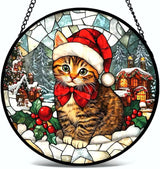 Stained Glass Window Hanging - 6.3 Inches Cat and Snowy Day Christmas Suncatcher for Garden Home Decor for Women Mon Grandma Friends
