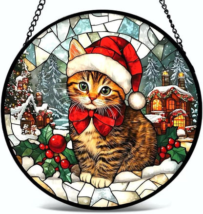 Stained Glass Window Hanging - 6.3 Inches Cat and Snowy Day Christmas Suncatcher for Garden Home Decor for Women Mon Grandma Friends