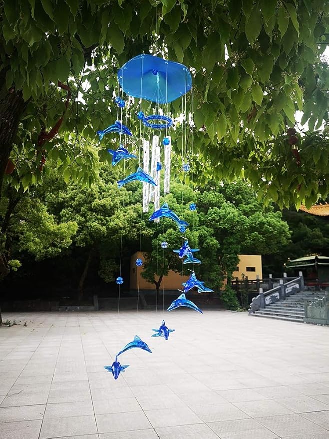 Blue Acrylic Dolphin Wind Chimes Decoration for Ourdoor & Indoor, Garden, Yark, Patio and Home Decor, Wind Chime Bell Hanging Ornament Gift for Friends, Festival and Party, Housewarming