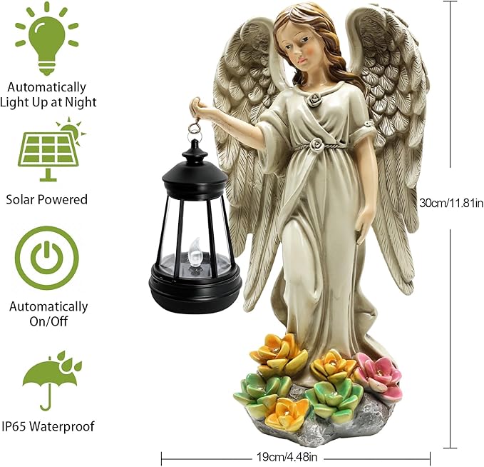 Solar Garden Statue Angel Figurine - Fairy Garden Angel Decor with Hanging Solar Lanterns and Succulent LED Lights for Balcony Patio Lawn Yard Ornaments, Mothers Day Gifts for Women Mom Grandma