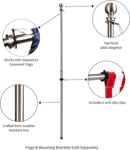 Evergreen Flag Telescoping 5ft Metal Flag Pole | Incl Two Tangle-Free Ring Clips | Stainless Steel | Wall Mounted for Home Garden Outdoor | House and 3'x5' American Flags with Pole Sleeve or Grommets