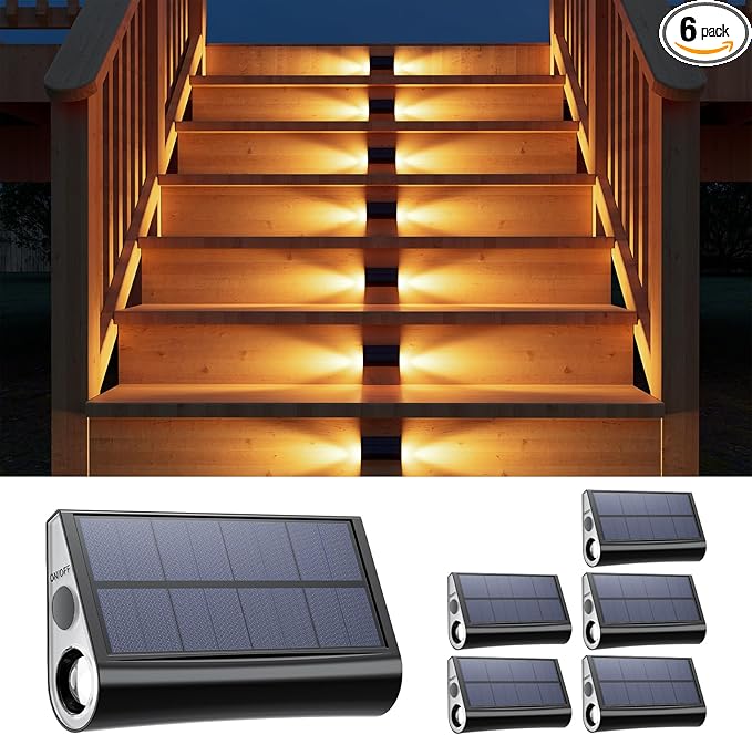 6 Pack Solar Powered Step Lights Outdoor Waterproof LED for Deck Stair Safety Outside Decorative Lamps for Porch Railing, Fence, Walkway, Yard, Patio, 2 Sided Warm White Lighting for Enhanced Security