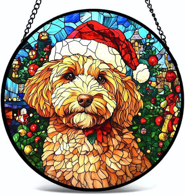 Stained Glass Window Hanging - 6.3 Inches Christmas Tree and A Dog Wearing a Xmas Hat Suncatcher for Garden Home Decor for Women Mon Grandma Friends