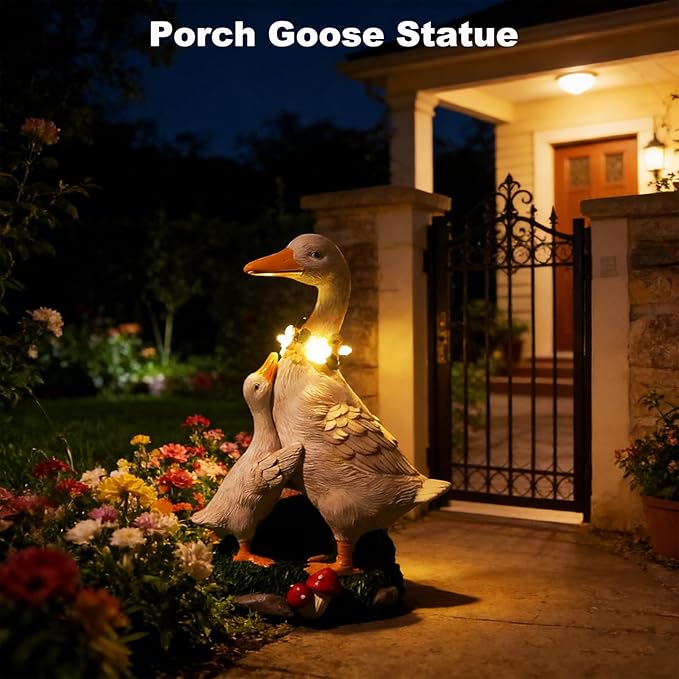Porch Goose Statue Outdoor, Solar Garden Statue Goose Figurine Lights Outdoor Waterproof, Resin Outdoor Sculpture for Yard Porch Patio Lawn Garden Decor, Unique Gifts for Mom Grandma Women