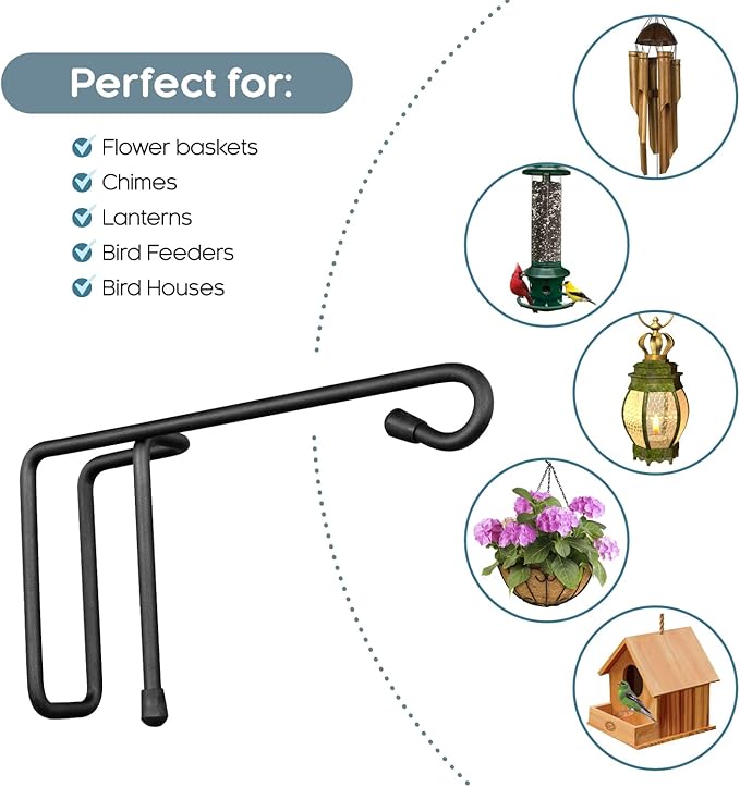 Vinyl Fence Hooks for Hanging, Heavy Duty Patio Hangers, Outdoor Fence Hangers for Hanging Flower Baskets, Wind Chimes, Planters, Bird Feeders, Lights, Lanterns - 4 Pack - Black Color