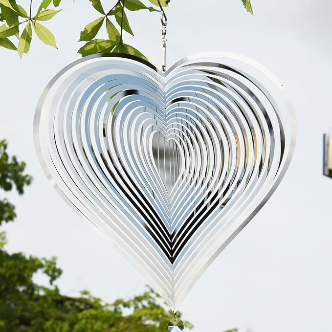 Wind Spinners, 2 Pack 10in 3D Stainless Steel Outdoor Hanging Wind Spinner with 2X Heart-Like Pendant and 3X 360° Rotating Hook, Reflective Decor for Outside Yard and Garden (2 Pack) (Heart-Like)