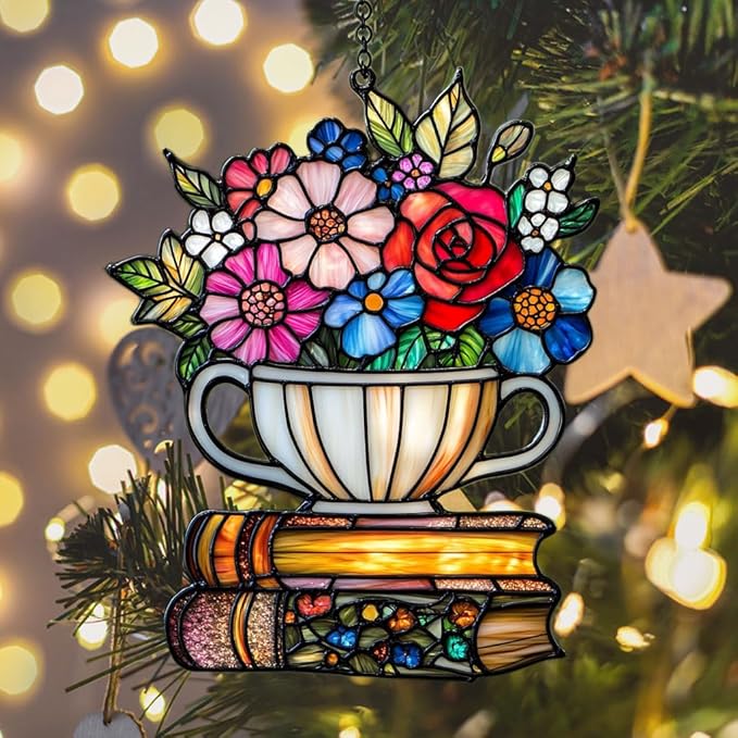 Floral Tea Cup and Books Acrylic Suncatcher Stained Glass Effect Window Car Hanging Christmas Ornament Indoor Outdoor Decor Garden Sun Catcher Panel for Book Lover for Women Mom Grandma