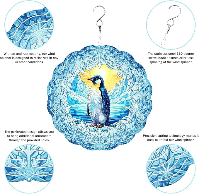 Penguin Wind Spinner, 3D Hanging Stainless Steel Garden Spinner, Wind Spinner Hanging for Outdoor & Indoor Décor, Unique Gifts for Yard Garden Decoration or Patio Décor (Penguin)