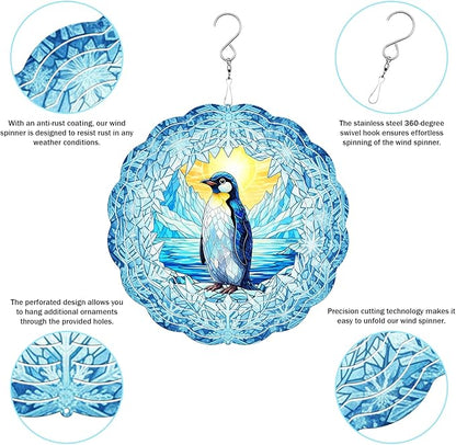 Penguin Wind Spinner, 3D Hanging Stainless Steel Garden Spinner, Wind Spinner Hanging for Outdoor & Indoor Décor, Unique Gifts for Yard Garden Decoration or Patio Décor (Penguin)