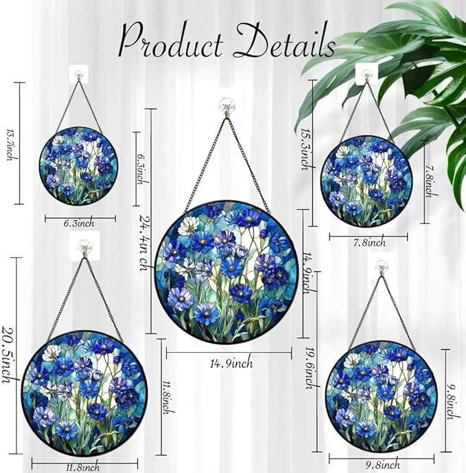 Stained Glass Window Hanging - Blue Floral Pattern 6.3 Inches Suncatcher for Garden Home Decor for Women Mon Grandma Friends